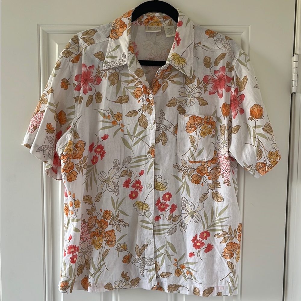 Erika Red and White Casual Button Down Shirt with Artistic Floral Design